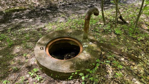 A circular, stone well surrounded by greenery, with a rusty pipe extending from the top.