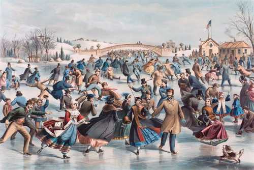 A lively winter scene of people ice skating on a frozen lake, with a bridge and buildings in the background.