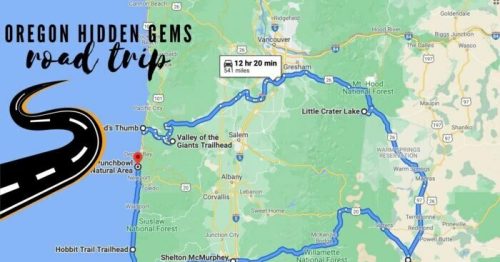 Map of a road trip route in Oregon, highlighting hidden gems and scenic stops, with estimated travel time and distance.