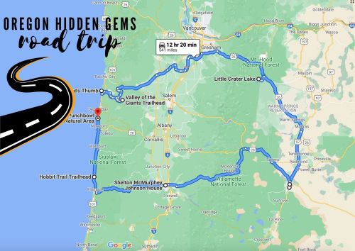 Map of a road trip route in Oregon, highlighting hidden gems like Little Crater Lake and Valley of the Giants.