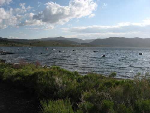 A serene lake scene with boats floating on the water, surrounded by green vegetation and distant mountains under a cloudy sky.