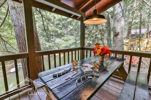 A cozy cabin porch with a wooden table, colorful flowers, games, and a view of trees and a river.