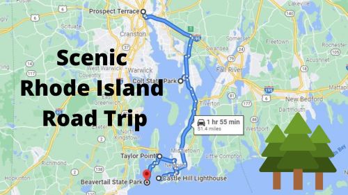 Map showing a scenic road trip route in Rhode Island, highlighting parks and landmarks with trees in the corner.
