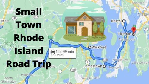 Map showing a road trip route through small towns in Rhode Island, with a house illustration and travel details.