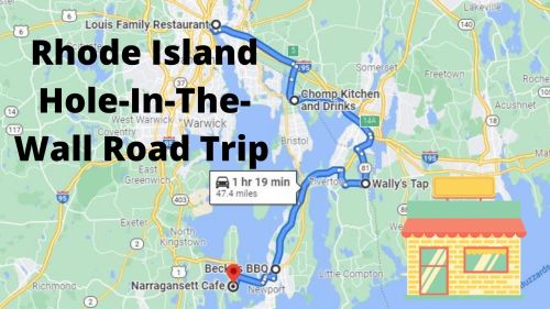 Map showing a road trip route in Rhode Island, highlighting "Hole-In-The-Wall" eateries with a BBQ icon.