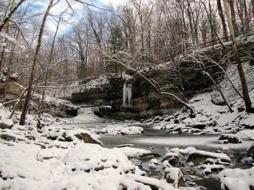 A snowy landscape featuring a frozen waterfall, rocky terrain, and bare trees under a partly cloudy sky.