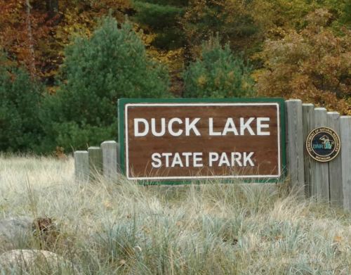 Sign for Duck Lake State Park surrounded by trees and grass in a natural setting.