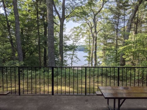 A serene view of a lake through trees, seen from a balcony with a wooden table in the foreground.