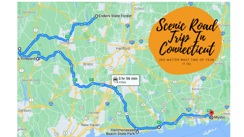 Map of a scenic road trip in Connecticut, highlighting a route from Enders State Forest to Mystic, covering 174 miles.