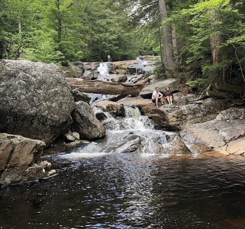 A serene forest scene with a waterfall, rocks, and two people sitting by the water's edge. Lush greenery surrounds the area.
