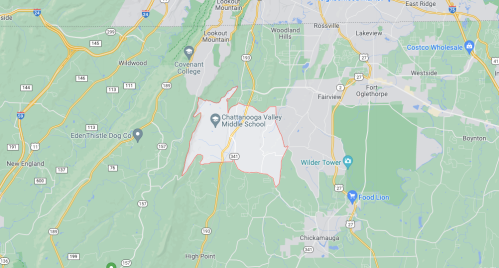 Map showing the area around Chattanooga Valley Middle School, with nearby roads and landmarks.