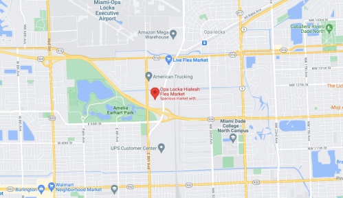 Map showing the location of Opa Locka Hialeah Flea Market near Miami, Florida, with nearby landmarks and roads.