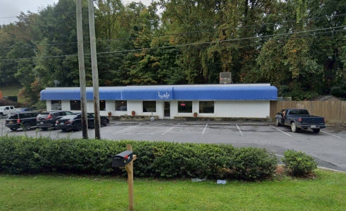 A small restaurant with a blue awning, surrounded by trees and parked cars, in a suburban area.