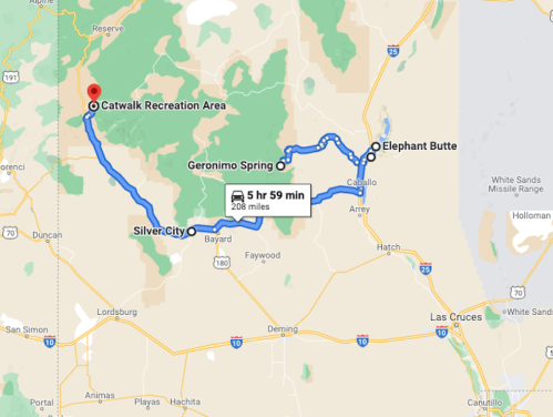 Map showing a route from Elephant Butte to Catwalk Recreation Area, passing through Silver City and Geronimo Spring.