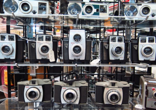 A display of vintage cameras arranged on shelves, showcasing various models and designs.