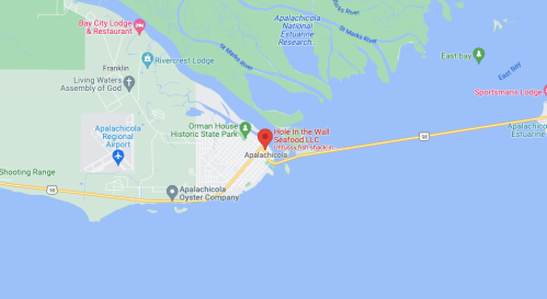 Map showing Apalachicola, Florida, highlighting the location of Hole In The Wall Seafood LLC and nearby landmarks.