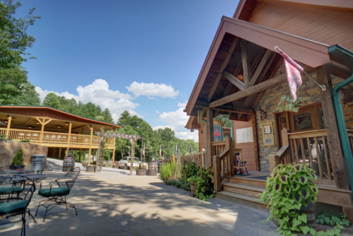 A rustic lodge with a wooden porch, surrounded by greenery and blue skies, inviting outdoor seating area.
