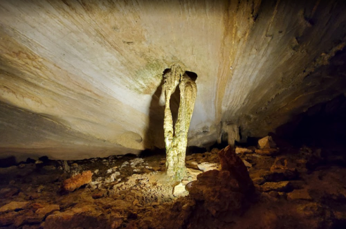 A unique rock formation resembling a tree stands in a dimly lit cave, surrounded by rocky terrain.