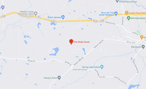 Map showing the location of The Steak House near Spring Lake, with nearby roads and landmarks indicated.