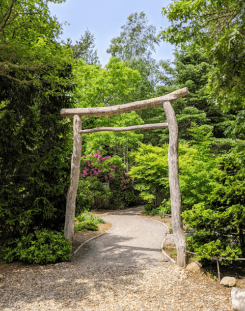 A wooden torii gate stands at the entrance of a lush, green garden path surrounded by trees and colorful flowers.