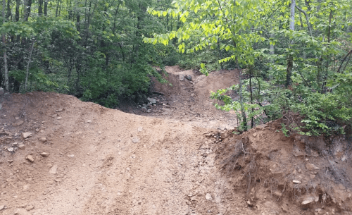A dirt path winding through a forest, surrounded by green trees and rocky terrain.