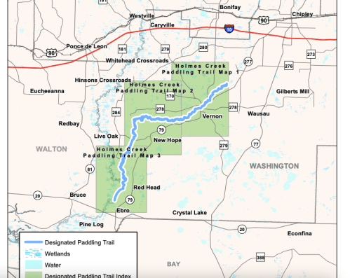Map of the Holmes Creek Paddling Trail, highlighting designated paddling areas, wetlands, and nearby towns.