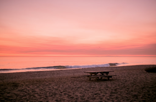 A serene beach at sunset, with soft pink skies and gentle waves lapping at the shore near a picnic table.