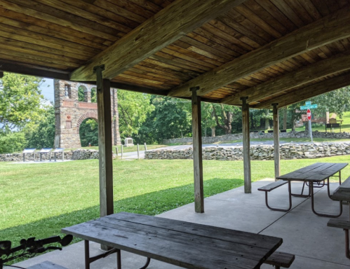A shaded picnic area with wooden tables, overlooking a grassy field and a stone archway in the background.