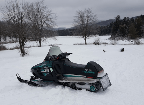 A snowmobile parked on a snowy landscape with trees and a frozen lake in the background under a cloudy sky.