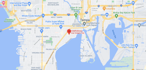 Map of Tampa, Florida, highlighting OddFellows Ice Cream Co. near the University of Tampa and Davis Islands.