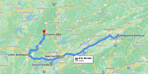 Map showing a route from County's BBQ to Ridgewood Barbecue, highlighting several BBQ stops along the way.