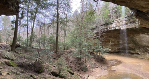 A serene forest scene featuring a rocky overhang, trees, and a small waterfall cascading into a sandy area below.