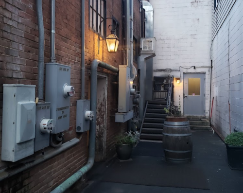 Narrow alleyway with brick walls, utility meters, a lantern, and a barrel planter, leading to a door and stairs.