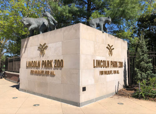 Entrance to Lincoln Park Zoo featuring animal sculptures and a stone wall with the zoo's name and motto.