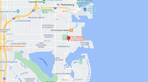 Map showing St. Petersburg, Florida, highlighting The Chattaway restaurant location near the waterfront.
