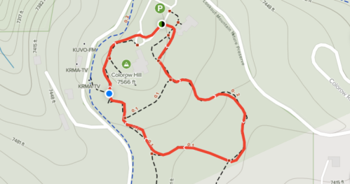 Map showing a hiking trail around Colburn Hill, marked in red, with parking and nearby landmarks indicated.