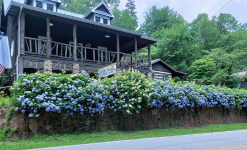 A charming house with a porch, surrounded by vibrant blue hydrangeas along a roadside.