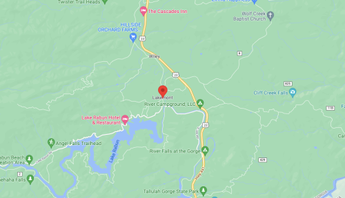 Map showing the area around Lakemont, Georgia, including nearby landmarks and roads.