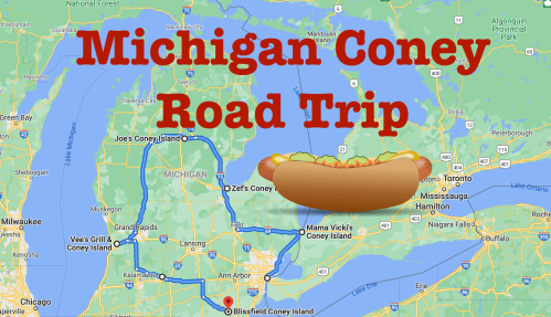 Map of Michigan with a route marked for a Coney dog road trip, featuring a hot dog graphic and "Michigan Coney Road Trip" text.