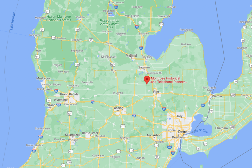 Map showing the location of Montrose Historical and Telephone Pioneer in Michigan, near Flint and Detroit.