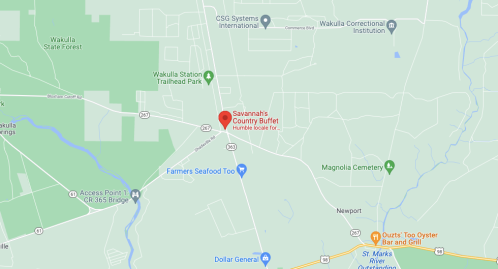 Map showing the location of Savannah's Country Buffet near Wakulla Station, Florida, with nearby landmarks and roads.