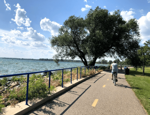 A cyclist rides along a scenic path by the water, with trees and a blue sky filled with clouds in the background.