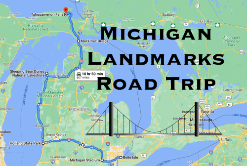Map of Michigan highlighting a road trip route to landmarks, featuring Tahquamenon Falls and the Mackinac Bridge.