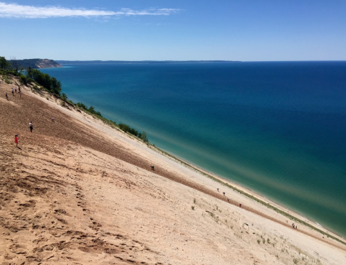 A sandy dune slopes down to a calm blue lake, with people walking along the shore under a clear sky.