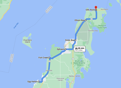 Map showing a route from Egg Harbor to Gill's Rock, highlighting Ellison Bay, Sister Bay, and Fish Creek.