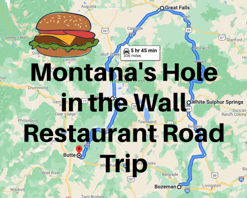 Map showing a road trip route from Bozeman to Butte, Montana, with a burger icon and text about a restaurant trip.