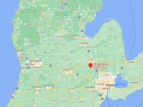 Map of Michigan highlighting The Barnenton, a bar with TV sports and pub food, near Detroit.
