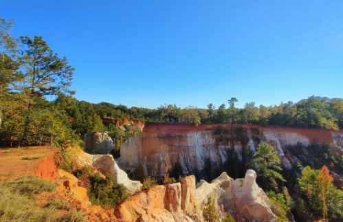 A scenic view of a colorful canyon with steep cliffs and lush trees under a clear blue sky.