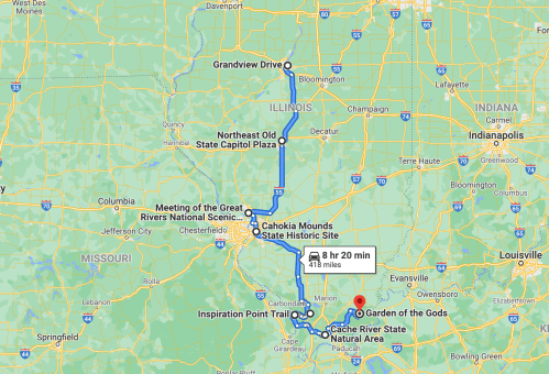 Map showing a route from Grandview Drive to Garden of the Gods, covering 418 miles in 8 hours and 20 minutes.