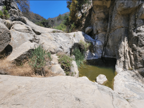 A rocky landscape with a small, still pool of water surrounded by greenery under a clear blue sky.